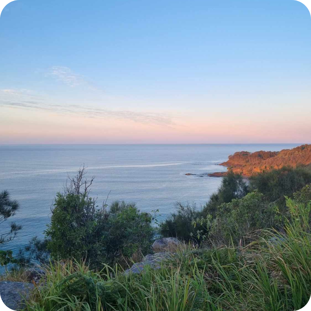 A beautiful ocean view from a cliff at sunrise or sunset at the Evans Head Campus